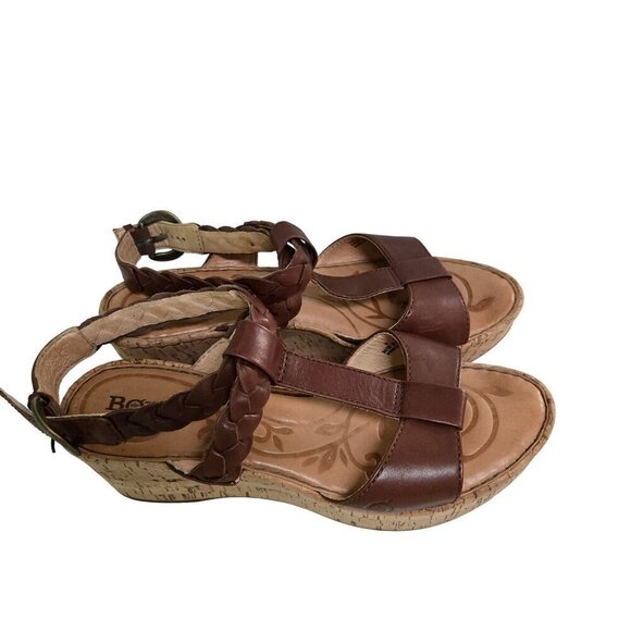 Born Laurene In Saddle Brown Braided Leather Cork Wedge Sandals Size 9 - Picture 2 of 10